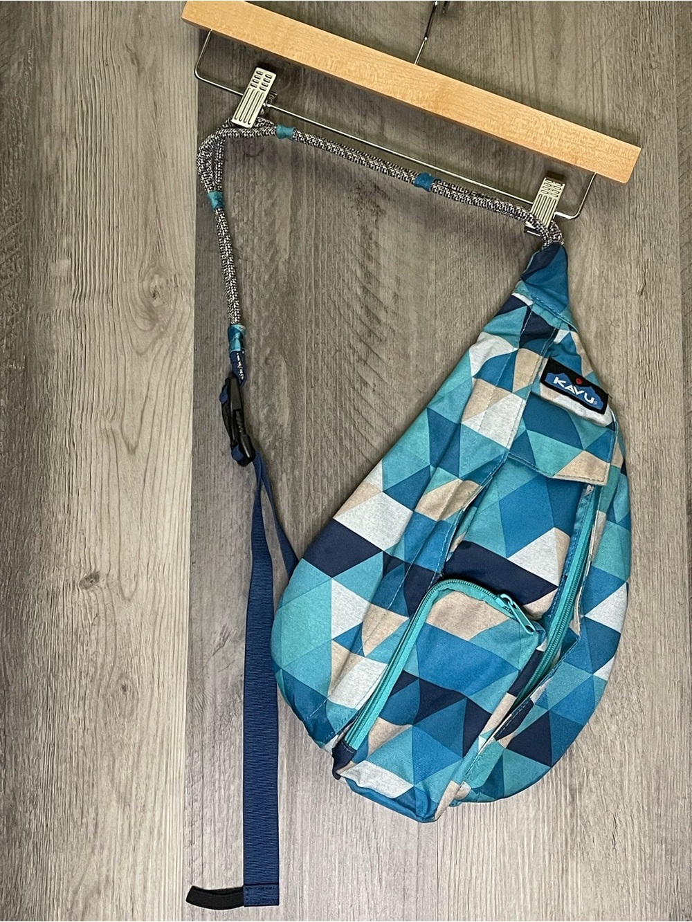 Kavu Mini Rope Teal and Navy Geometric Sling Pack